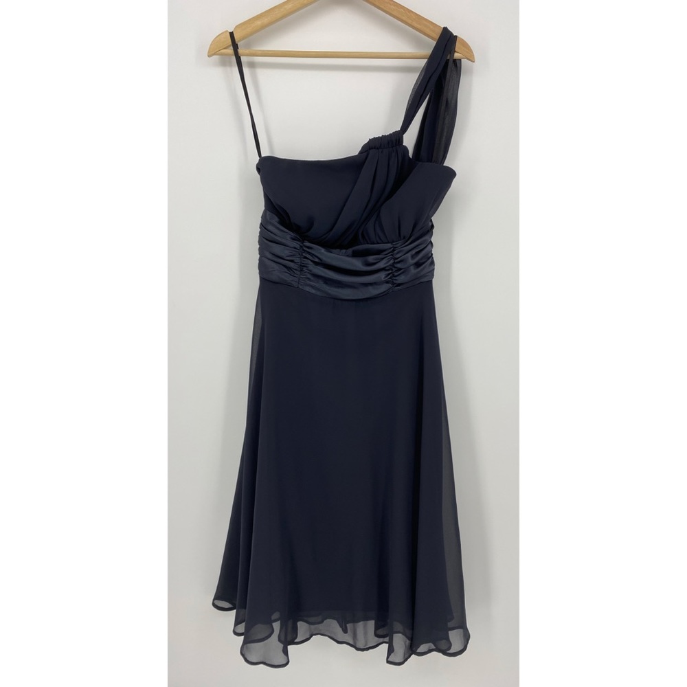 Connected Apparel Gray Chiffon Satin One Shoulder A-line Midi Dress